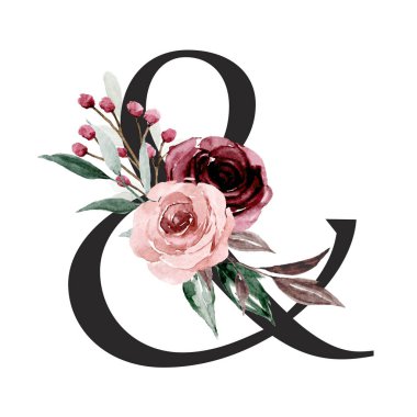 ampersand symbol on white background, watercolor painting with flowers