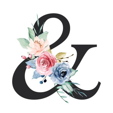 ampersand symbol on white background, watercolor painting with flowers
