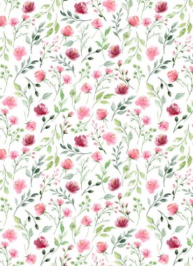 Çiçeksel elementlerle kusursuz suluboya çizimi, arka planı tekrarla