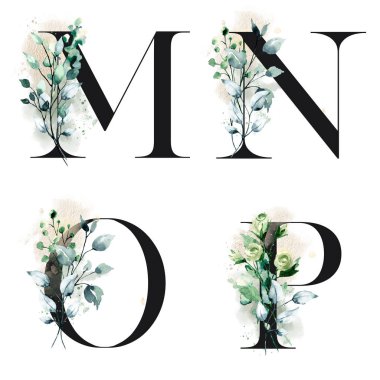 Çiçek alfabesi, M, N, O, P harfleri, yaratıcı suluboya resim.