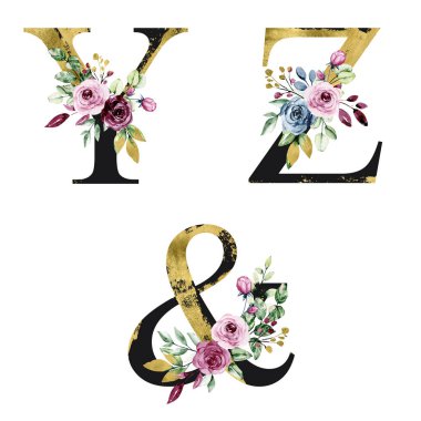 floral alphabet, letters Y, Z and ampersand symbol with watercolor flowers, creative art design, monogram initials