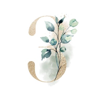 3 numara, suluboya çiçekler ve yapraklar, çiçek desenli, elle çizilmiş suluboya resim.