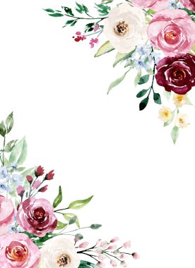 Çiçeksel çerçeve sınır tasarımı, suluboya boya çiçek ve yapraklar