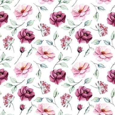 Kusursuz bir arka plan, suluboya çiçekli çiçek deseni. Kumaş duvar kağıdı desenini tekrarla