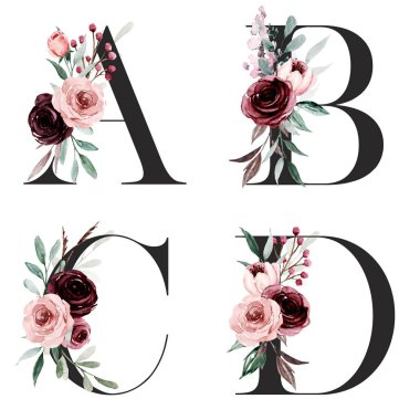 Çiçek alfabesi, A, B, C harfleri, D yaratıcı suluboya resim