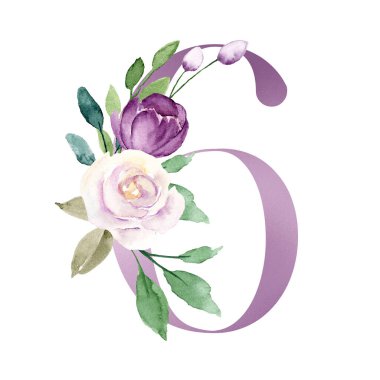watercolor painting with purple number 6 on white background