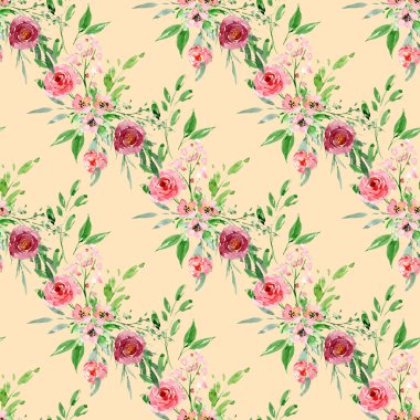 Çiçeksel elementlerle kusursuz suluboya çizimi, arka planı tekrarla