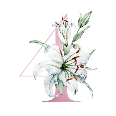 Çiçekli ve yapraklı 4 numaralı yaratıcı resim, elle çizilmiş suluboya resim