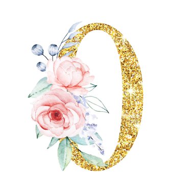 Çiçekler açan, suluboya resimli, altın parıldayan numara 0