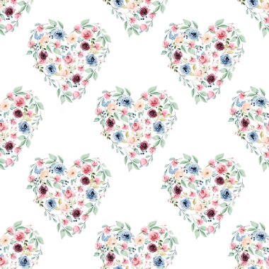 Çiçekli kalp çelenkleriyle sulu boya deseni