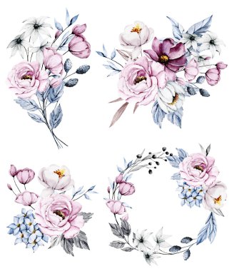 Floral collection with watercolor flowers, set of colorful bouquets