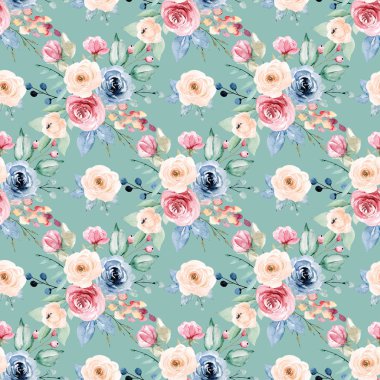 Kusursuz bir arka plan, suluboya çiçekli çiçek deseni. Kumaş duvar kağıdı desenini tekrarla