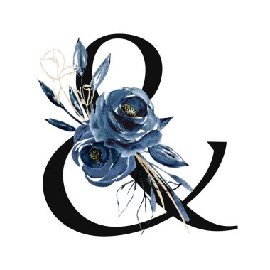 ampersand symbol on white background, watercolor painting with flowers