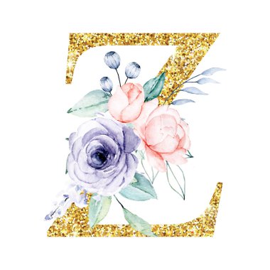 Altın alfabe, çiçekli ve yapraklı Z harfi suluboya resim, çiçek desenli monogram.