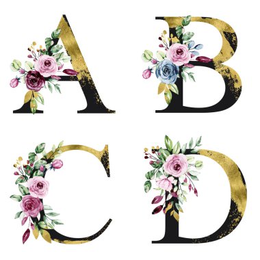 floral alphabet, letters A, B, C, D with watercolor flowers, creative art design, monogram initials