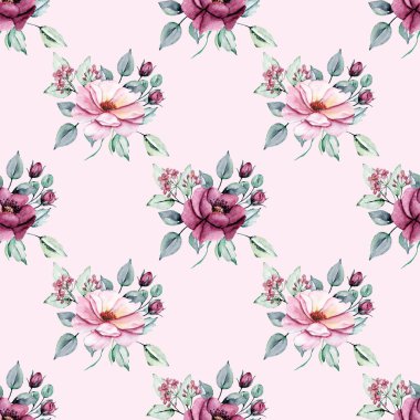 Kusursuz bir arka plan, suluboya çiçekli çiçek deseni. Kumaş duvar kağıdı desenini tekrarla