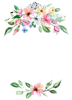 Çiçeksel çerçeve sınır tasarımı, suluboya boya çiçek ve yapraklar