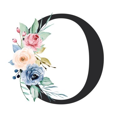 floral monogram, letter O watercolor painting with flowers and leaves