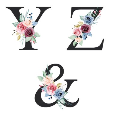 floral alphabet, letters Y, Z and ampersand symbol with watercolor flowers, creative art design, monogram initials