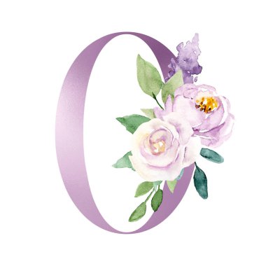 number 0 decorated with flowers and leaves on white background