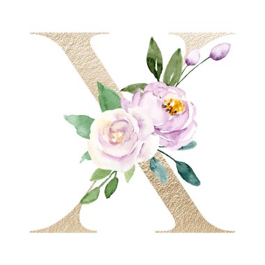 suluboya resim, çiçek ve yapraklı X harfi, çiçek alfabesi.