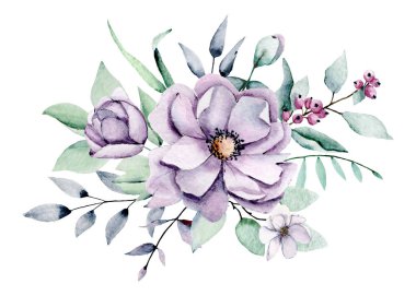 Yapraklı suluboya çiçekler, çiçek boyama konsepti.