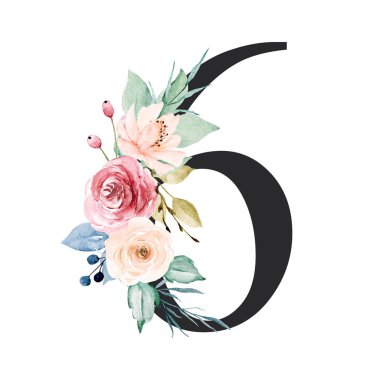 number 6 on white background, with flowers and leaves made with watercolor, floral monogram