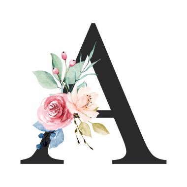 floral monogram, letter A watercolor painting with flowers and leaves