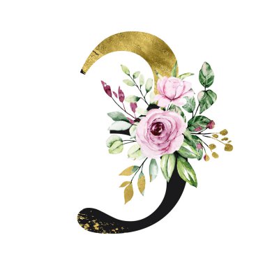 number 3 on white background, with flowers and leaves made with watercolor, floral monogram