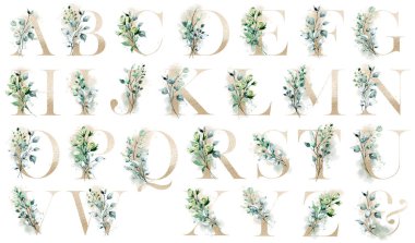 alphabet with floral elements, art watercolor painting letters with flowers and leaves