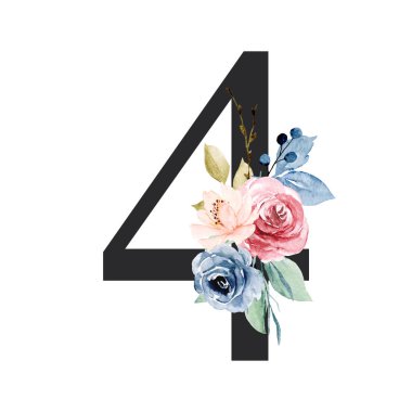 number 4 on white background, with flowers and leaves made with watercolor, floral monogram