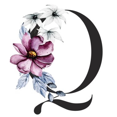 suluboya resim, çiçek ve yapraklı Q harfi, çiçek alfabesi.