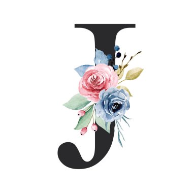 floral monogram, letter J watercolor painting with flowers and leaves