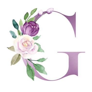 suluboya resim, çiçek ve yapraklı G harfi, çiçek alfabesi.