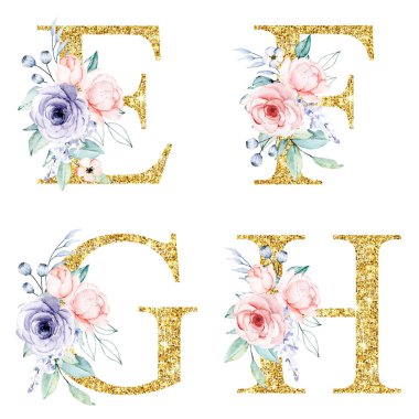 floral alphabet, letters E, F, G, H with watercolor flowers, creative art design, monogram initials