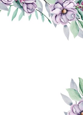 Suluboya çiçekler, tebrik kartı, davetiye ve diğer baskı tasarımları için çiçek çerçevesi. Beyazda izole edilmiş. El çizimi.