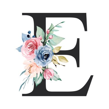floral monogram, letter E watercolor painting with flowers and leaves