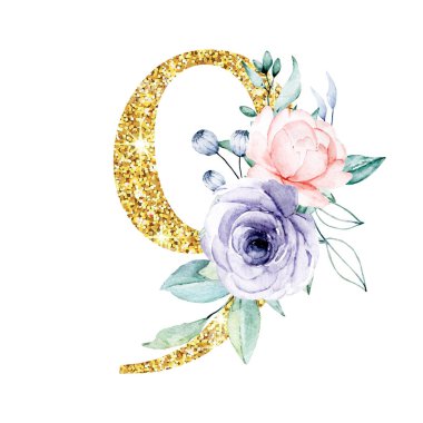 Çiçekler açan, suluboya resimli 9 numaralı altın parıltı.