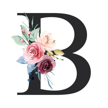 floral monogram, letter B watercolor painting with flowers and leaves
