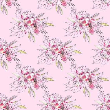 Çiçek konsepti, suluboya resimli kusursuz desen, arka planı tekrarla