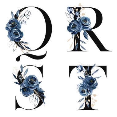 Çiçek alfabesi, Q, R, S, T harfleri, yaratıcı suluboya resim.