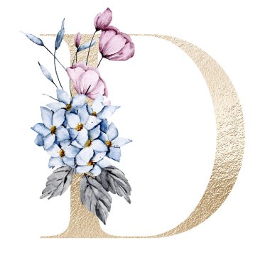 Şirin suluboya resim, çiçek ve yapraklı D harfi, beyaz arkaplanda çiçek alfabesi.