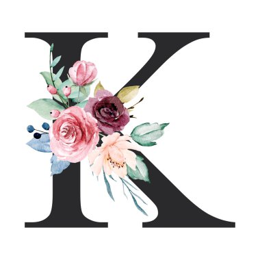floral monogram, letter K watercolor painting with flowers and leaves