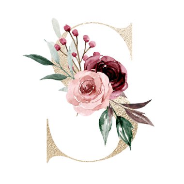 Şirin suluboya resim, çiçekli ve yapraklı S harfi, beyaz arkaplanda çiçek alfabesi.