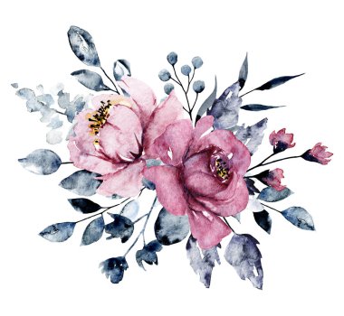 Yapraklı suluboya çiçekler, çiçek boyama konsepti.