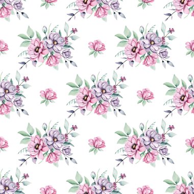 Kusursuz bir arka plan, suluboya çiçekli çiçek deseni. Kumaş duvar kağıdı desenini tekrarla