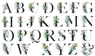 alphabet with floral elements, art watercolor painting letters with flowers and leaves