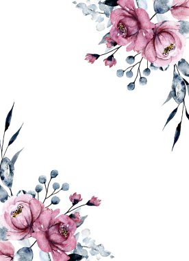 Suluboya çiçekler, tebrik kartı, davetiye ve diğer baskı tasarımları için çiçek çerçevesi. Beyazda izole edilmiş. El çizimi.