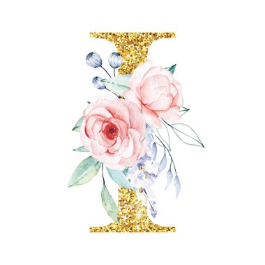 Altın alfabe, çiçekli ve yapraklı I harfi, suluboya resim, çiçekli monogram