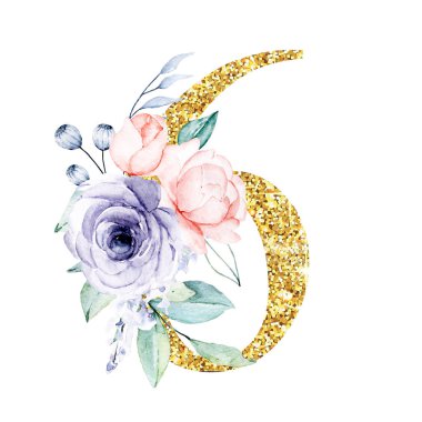 Çiçekler açan, suluboya resimli 6 numaralı altın parıltı